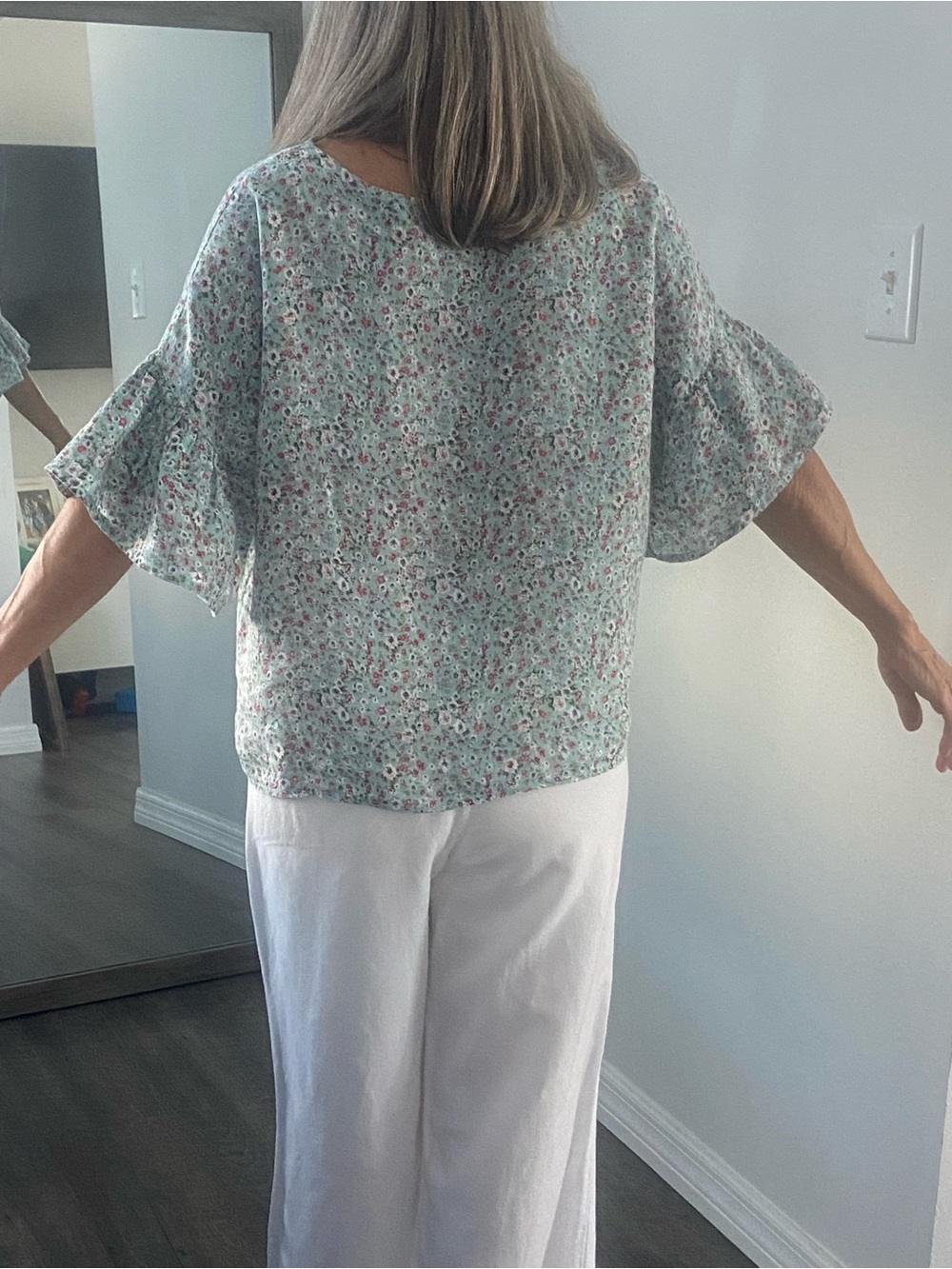 Mint Floral Boxy Blouse with Short Dolman Sleeves